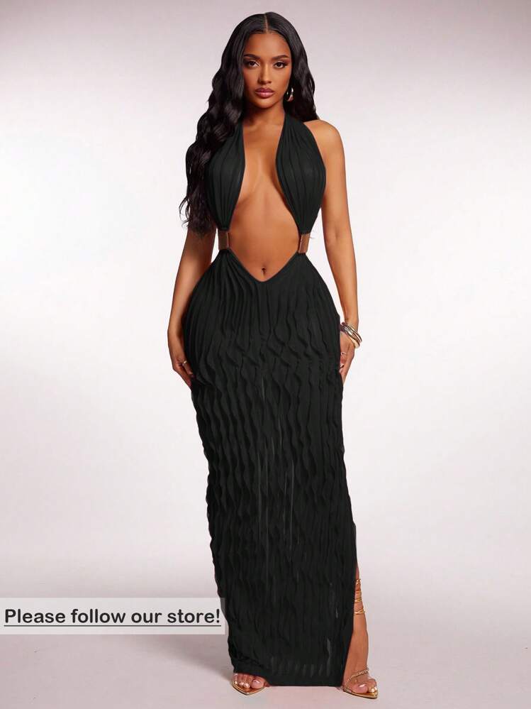 Radiana Women's Sexy V-Neck Backless Ruffle Dress, Summer,Bodycon Dress,Club Outfits Red Long Dress Low Cut Dress Halter Maxi Dress Deep V Dress Pleated Maxi Dress,Business, Retro, Party, Resort, Outing, Old Money,Siren Coquettish, Prom, Ball, Valentine's Day, Cruise Attire, Commuting,  Richly Layered, Date Night, Gathering, Minimalism, Birthday, Formal Event, Break, Modest, Chic, Casual, Shopping, Street Wear, Going Out, Coquette - Black - View 1