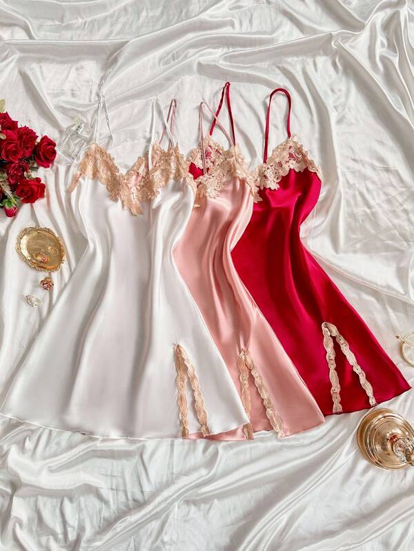 SilkySpell 3pcs Women Sexy Deep V Slip Dress Set, Elegant Satin Multi-Color Combination, Embroidered Lace, Suitable For All Seasons As Sleepwear Or Outerwear Lace Sleepwear Satin Sleepwear Lingerie Sleepwear Silk Nightgowns