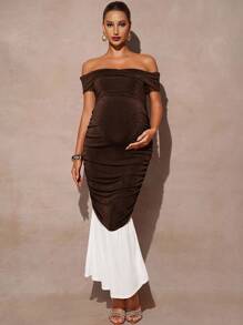 MaterniChic Autumn And Winter Elegant Maternity Off-Shoulder Color Block Patchwork Fishtail Dress - Brown - View 6