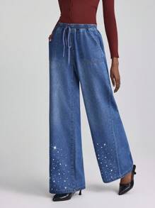 SHEIN Essnce Women's Rhinestone Star Drawstring Waist Pocketed Casual Jeans - Dark Wash - View 4