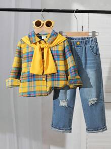 SHEIN 3件套春秋新款时尚男童套装：纯色斗篷+格子领长袖衬衫+水洗牛仔长裤 - 黃色 - 查看 4