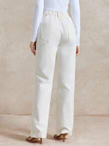 Briarwyn Pantalon droit décontracté pour femmes, couleur unie, avec œillets à la taille, liens et poches. Convient pour l'automne, la rentrée scolaire, le style "Old Money" et les voyages en avion - Blanc - Voir 3