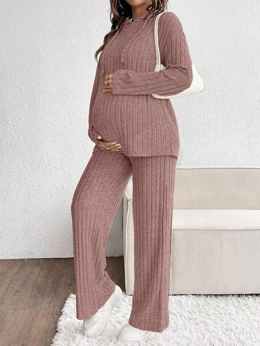 SHEIN 2pcs Maternity Solid Color Ribbed Drawstring Hoodie Sweatshirt And Pants Casual Set - Pink - View 1