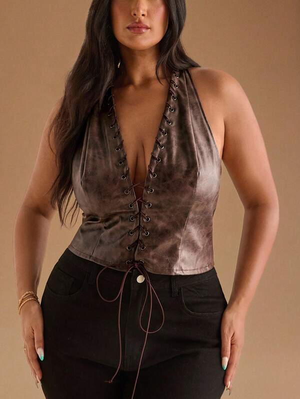 SHEIN BAE Blusa corta de corset con cuello halter de moda para mujer de talla grande, en color marrón, con textura desgastada y vintage, con diseño hueco, adecuada para fiestas sexys, compras y regreso a clases