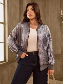 SHEIN LUNE Plus Size Women's Solid Color Drop Shoulder Long Sleeve Zippered Collar Baseball Jacket Winter Fall Autumn - Grey - View 1