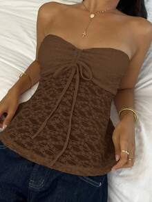 CovetEZ Women's Solid Color Textured Fabric Drawstring Detail Bandeau Top Brown Lace Top Brown Strapless Top - Brown - View 7