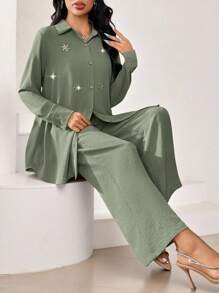 Veilorie 2件套女式纯色长袖串珠衬衫和裤子套装