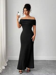 Elenzga فستان كاجوال للسيدات بحجم كبير بلون أحادي مكشوف الكتف / فستان صيفي مثير وأنيق بياقة مكشوفة الكتف مناسب وضيق - الأسود - مشاهدة 6