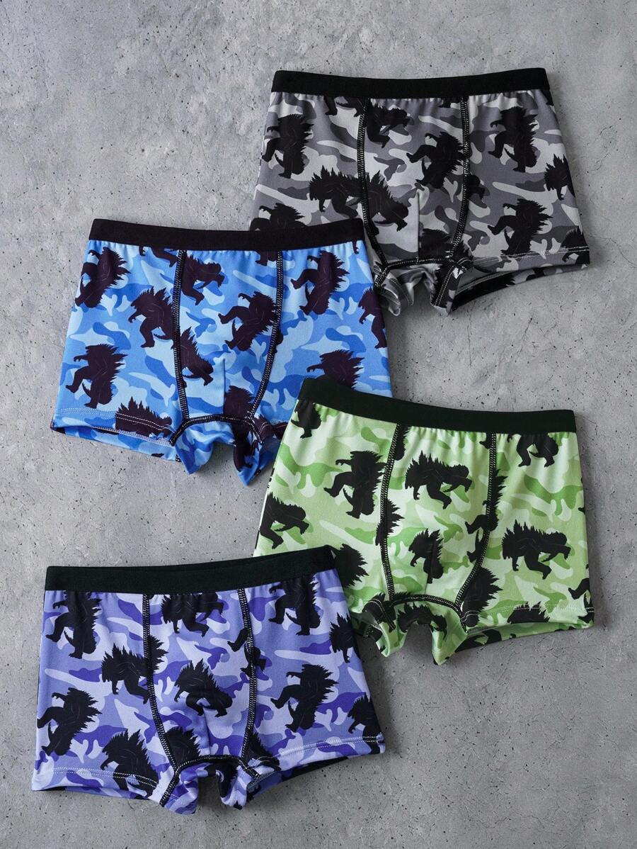 GODZILLAxKONG X SHEIN 4pcs Young Boy 4pcs Comfortable Monster & Camouflage Print Boxer Briefs,Soft & Comfortable