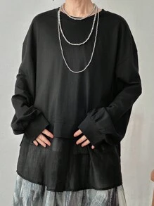 FRIFUL Women's Black Solid Color Round Neck Drop Shoulder Long Sleeve Patchwork Sheer Fabric Loose Casual Versatile Sweatshirt, Autumn/Winter