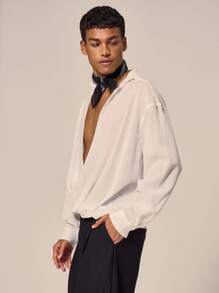 Musero Camisa de manga larga con efecto de gasa drapeada para hombre, parte superior de conjunto, estilo inteligente y callejero para vacaciones, primavera y verano - Blanco - Ver 3