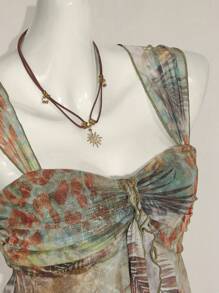 SHEIN ICON 女式西部复古波西米亚风热带植物印花褶饰不对称下摆时尚粗肩带吊带背心