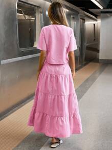 Siren Gaze 女士条纹系带短袖衬衫和荷叶边半裙休闲两件套夏季粉色 - 粉色 - 查看 6