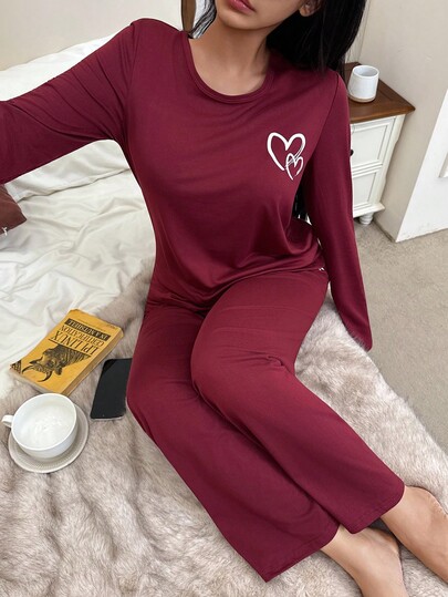 Women's Casual Heart Print Long Sleeve Top & Pants Pajama Set, Fall Winter Clothes