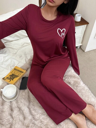 Women's Casual Heart Print Long Sleeve Top & Pants Pajama Set, Fall Winter Clothes