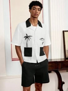 SWAVVY Bộ áo sơ mi họa tiết cây cọ phối màu thường ngày cho nam, mùa hè - Đen và trắng - Xem 5