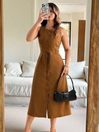 Vionelle Plus Size Women Plain Round Neck Single Breasted Casual Sleeveless Dress