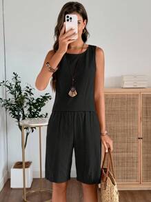 EMERY ROSE Women's Solid Color Round Neck Sleeveless Top And Shorts Casual 2 Pieces Set Short Sets For Women Vacation