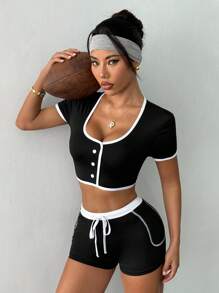 SHEIN Sovereign Charm Women's Black & White Yoga/Running Exercise Shorts With Phone Pocket - Black and White - View 5