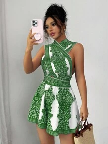 Elenzga 女式全身印花露背交叉连体衣