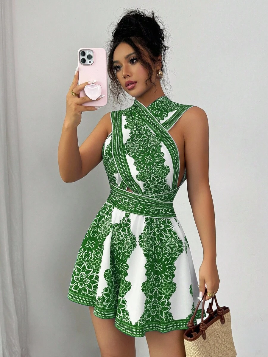 Elenzga 女式全身印花露背交叉连体衣