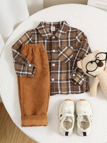 SHEIN 2 pièces Ensemble veste à carreaux et pantalon décontracté à taille élastique pour bébé garçon/fille, tenue polyvalente pour l'automne et l'hiver - Multicolore - Voir 9