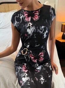 Lavishia Black Leopard Print Elastic Rib Knit Round Neck Short Sleeve Metal Button Decor Waist Fitted Long Dress, Fashionable Influencer Style Sexy Dress - Black - View 5