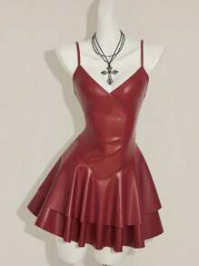 SHEIN ICON Y2K 女士酒红色 PU 皮革性感 V 领迷你连衣裙