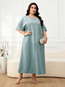 Al Najma 大码女式休闲宽松腰果刺绣短袖阿拉伯连衣裙 - 綠色 - 查看 4
