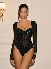 Glamine Charm Rhinestone Detail Sweetheart Neck Mesh Panel Bustier Bodysuit - Black - View 5