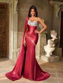 Aureia 优雅奢华的无袖甜心领口褶饰紧身胸衣，荷叶边下摆美人鱼正式晚礼服，适合宴会、庆典、商务活动、婚礼和其他正式场合 - 酒紅色 - 查看 6