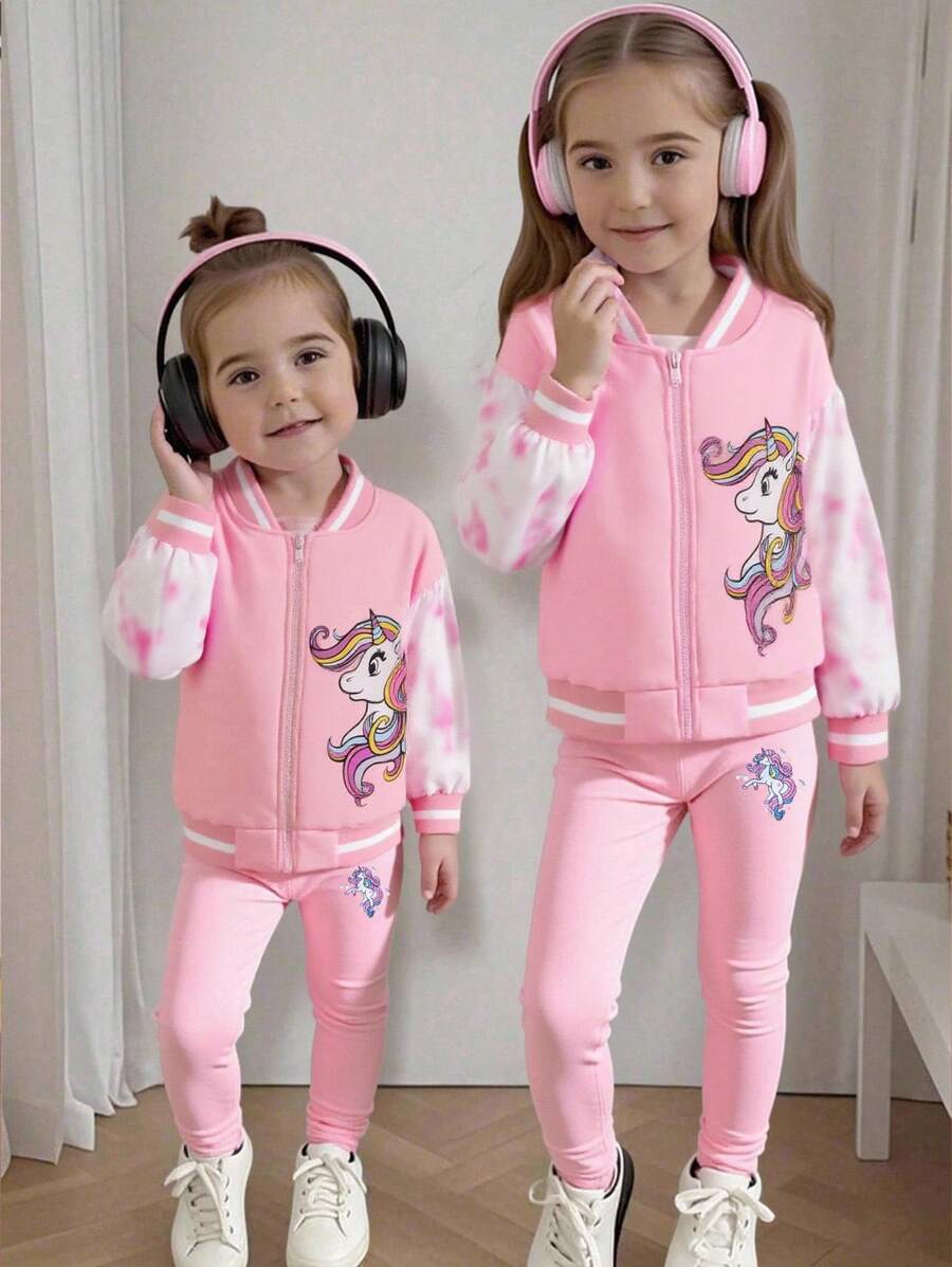 Back To School Fall Clothes Young Girl Cute Unicorn Tie-Dye Graphic Baseball Jacket, Sweet & Adorable For Autumn Winter