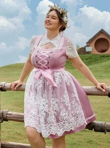 SHEIN Frenchy Plus Size Elegant Vintage Lace Patchwork Sleeveless Dress, Dirndl,Wedding Guest Dress Women,Fall Clothes For Women - Dusty Pink - View 1