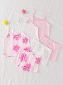 3pcs/Set Girls Young Girl Floral Series Regular Inner & Outer Wear Camisole + Briefs Underwear Set Girls Tank Top Sets Summer Girls Sets Girls Pajama Short Sets Cotton Sets For Girls Girls Floral Tank Top Sets Fall Winter