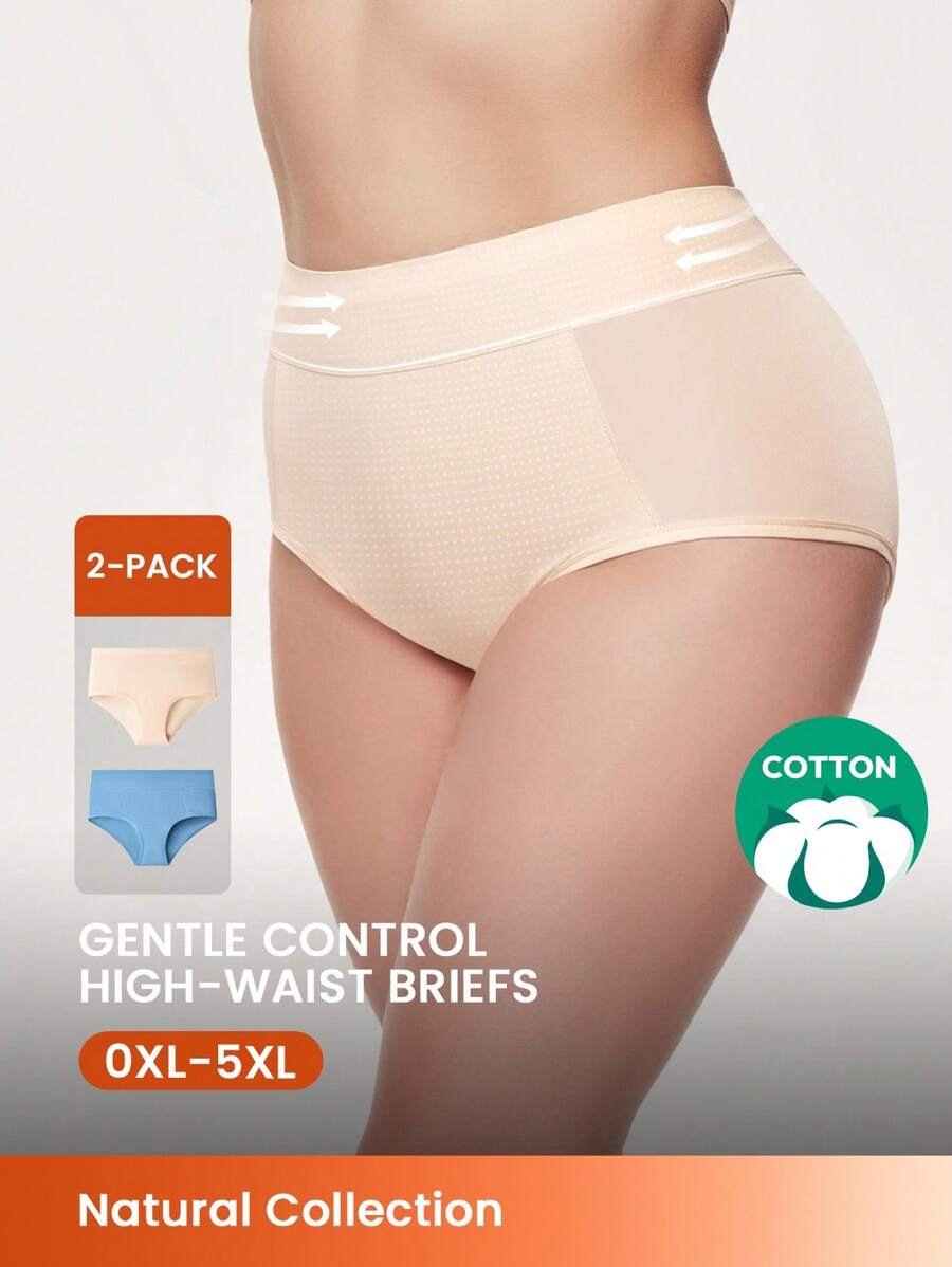LUVLETTE Plus 2-Pack Airy Cotton High Waist Briefs Waist Tummy Control Women Basic Underwear Panties Set Nude Panties