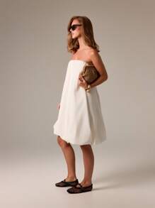 AiiRZ 泡泡中长抹胸连衣裙度假晚会宽松露肩夏季度假海滩婚礼宾客侧袋褶皱下摆派对 - 白色 - 查看 6