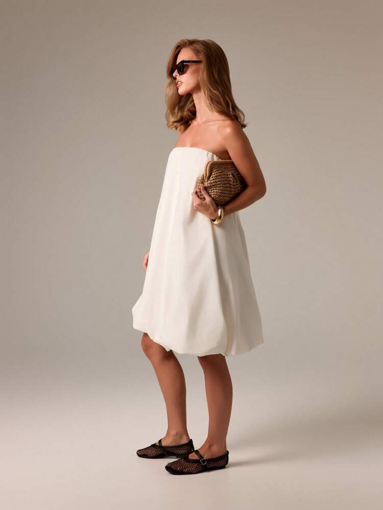 AiiRZ Bubble Midi Bandeau Dress Resort Evening Occasion Loose Fit Strapless Summer Vacation Beach Wedding Guest Side Pockets Gathered Hem Party