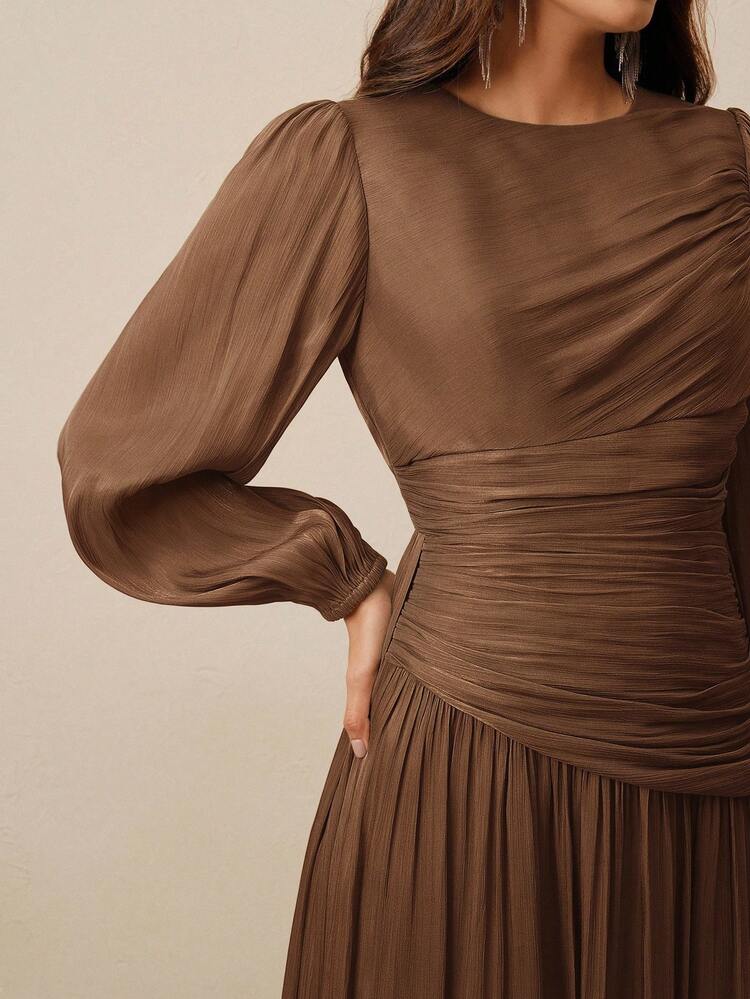Anewsta Essential Women's Long Dress, Round Neck, Waist Ruched, Puff Sleeve, Long Sleeve, Olive Green, Glossy, Elegant & Versatile Dress
