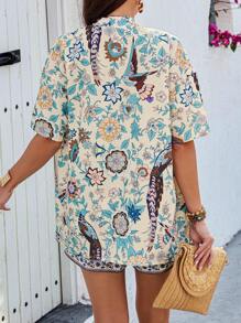 Selianne 2pcs Women Boho Style Retro Print Long Cardigans And Shorts Set