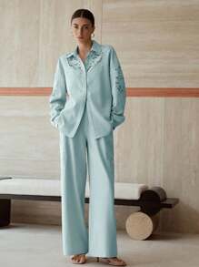 MOTF PREMIUM 对比色蕾丝纽扣上衣和斜口袋裤子套装 - 藍色 - 查看 4