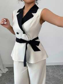Elenzga Blazer delgado de mujer de doble botonadura con cuello de corbata, cintura ceñida, color contrastante y mezcla de lino, estilo versátil y elegante para uso diario, talla grande