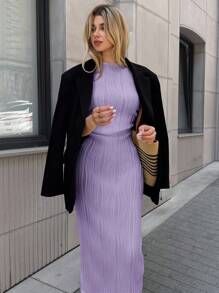 SHEIN LUNE 休闲女式杏色针织纹理紧身连衣裙 - 紫色 - 查看 5