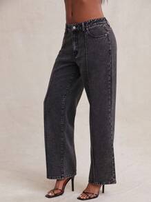 NYA SZN 宽松阔腿水洗牛仔牛仔裤，休闲日常穿搭 - 黑色 - 查看 4