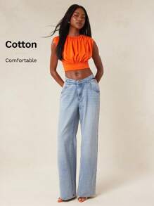 NYA SZN Top Short Sleeve Ruche Detail Casual Everyday Brunch Special Occasion Wedding Event Guest Bridal Party Modest Church Office Teacher Back To School Vacation Summer Spring Cotton Top Statement Festival Outfits For Women - Burnt Orange - View 1