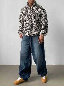 DAZY 男士保暖内衬花卉图案羊羔绒套头衫，带拉链，秋冬季四分之一拉链款 - 彩色 - 查看 5