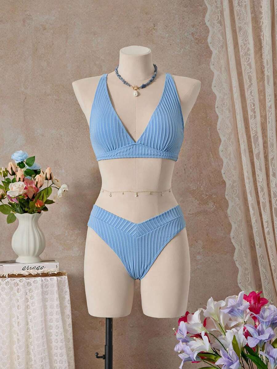 Bellisia Women's Solid Color Sexy Bikini Swimsuit Set, Summer Beach - Blue - View 1