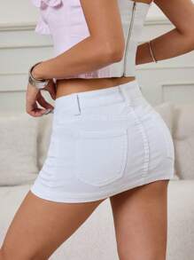 SHEIN PETITE 性感修身迷你牛仔裙，夏季 - 白色 - 查看 3