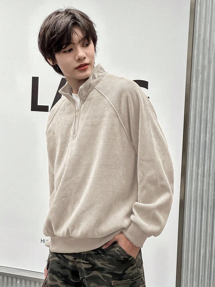 Apricot Half-Zip Textured Fabric Fleece Men's Pullover Sweatshirt, Autumn,Winter