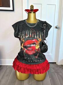 Slaydiva 2025 Summer New Street Casual Snow-Washed Fabric Lips Pattern Sleeveless Loose Vest + Multi-Layer Ruffle Stitching Lace Skirt Women Two Pieces Set,Suitable For Daily Outings, Holiday Party, Music Festivals, Travel, Graduation Outfit, Friends Gatherings, Birthday Parties, Beach, Airport Outfit, Vacation, Boho, Back To School-B