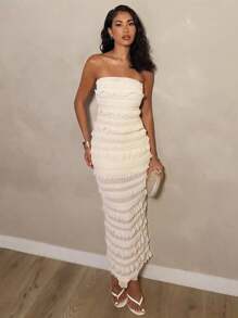 Glamine 米色蕾丝露背褶饰长裙、约会夜服装、生日服装、婚礼宾客礼服、独立日礼服、蜜月服装、街头服饰、秋季女装 - 米色 - 查看 5